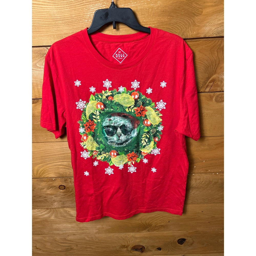 Well Worn Red Christmasโ Cat Wreath Graphic T Shirt Mens XXL Holographic Funy